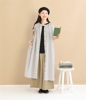 コットンリネン細番手襟配色ワンピース(チェック-ONESIZE)