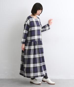 コットンリネンチェック切替えワンピース