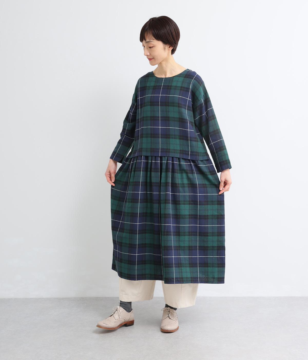 コットンリネンチェック切替えワンピース(ブラックウォッチ-F)