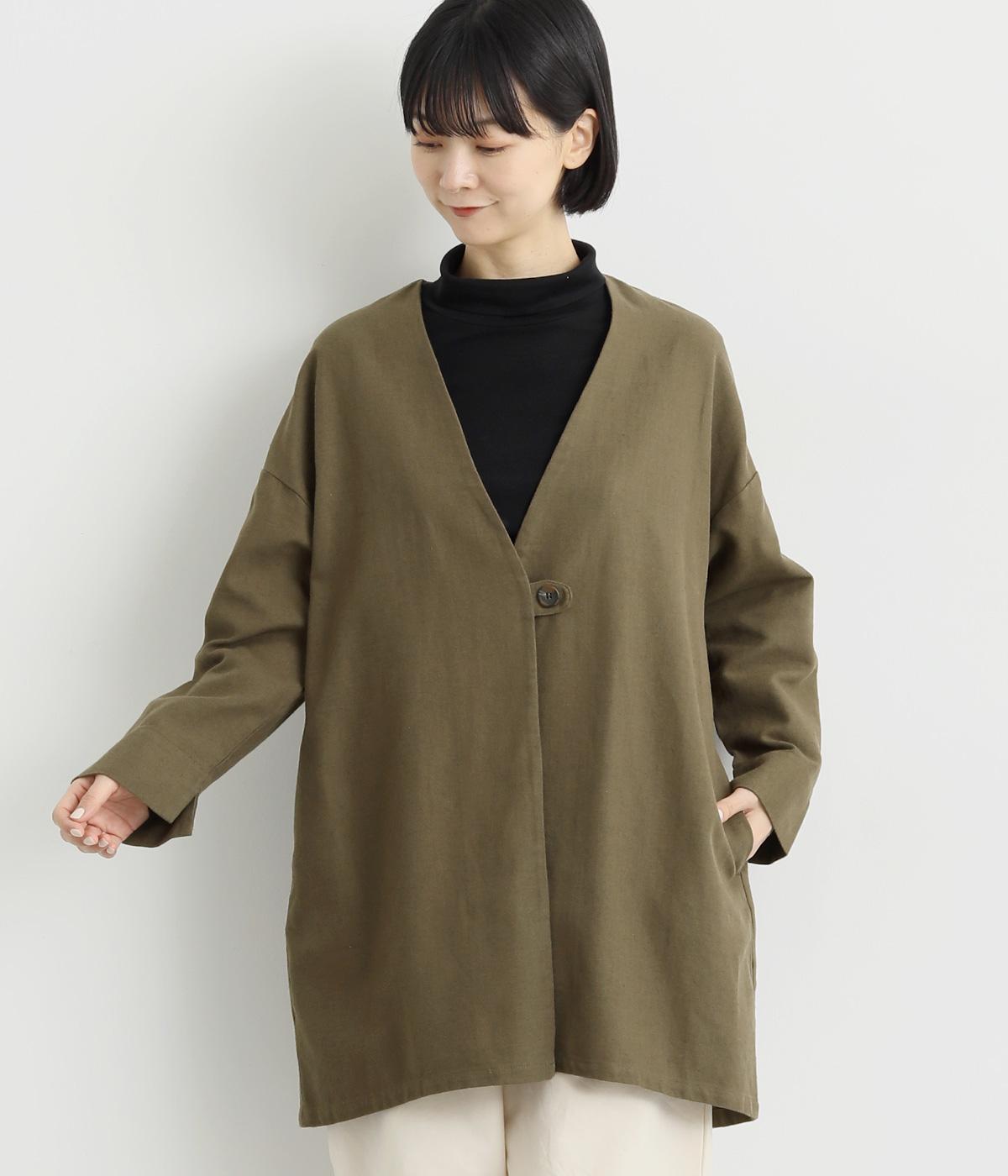 コットンリネンヘリンボーンショートコート(カーキ-F)