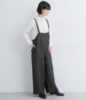 リネン太番手　肩ひも二重サロペット(ダークグレー-F)