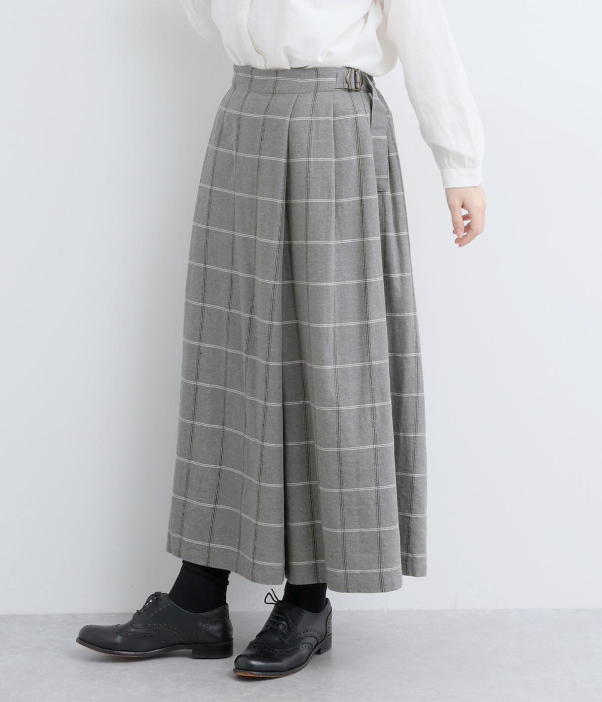 コットンリネン　チェックラップフレアパンツ(グレー-F)