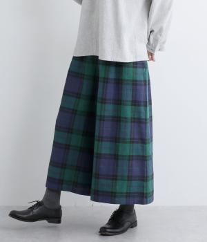 コットンリネン　チェックワイドパンツ(ブラックウォッチ-F)