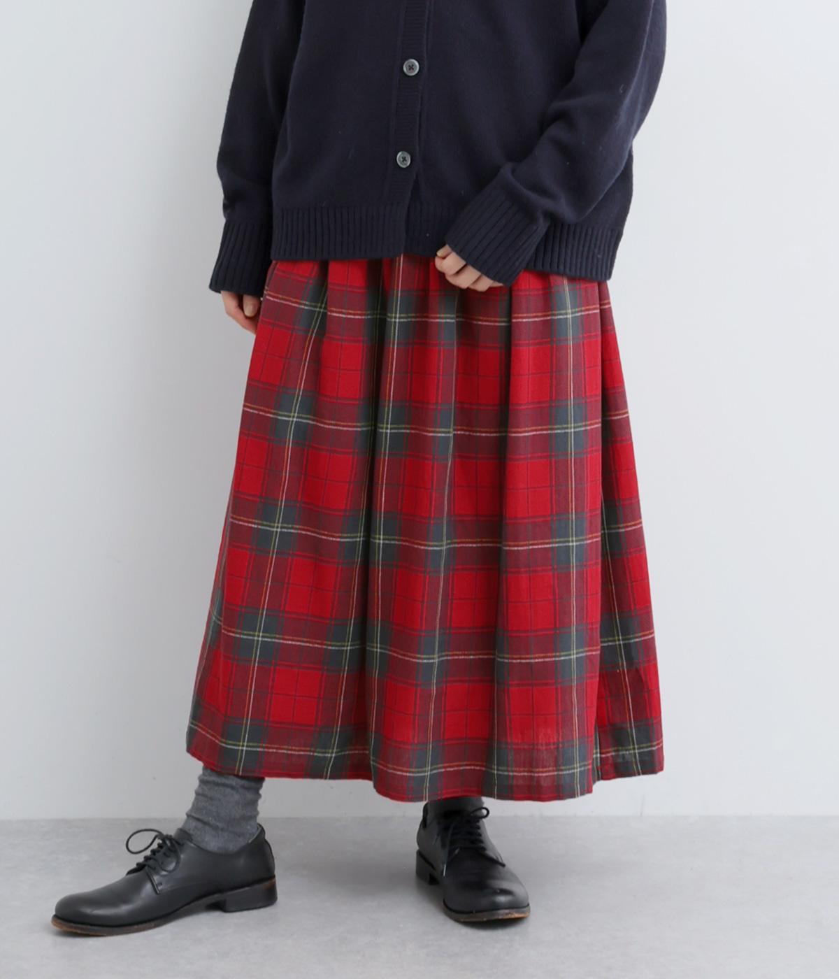 コットンリネン　チェックギャザーフレアスカート(レッド-F)