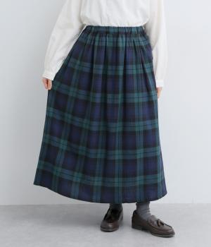 コットンリネン　チェックギャザーフレアスカート(ブラックウォッチ-F)