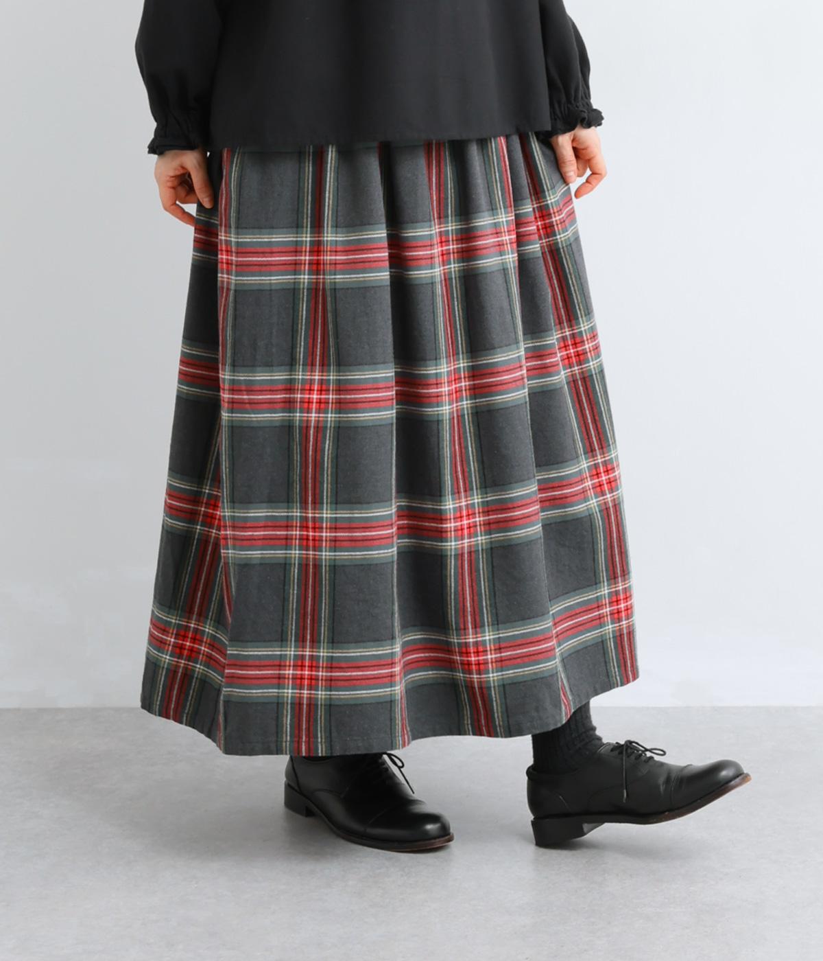 コットンリネンチェックギャザースカート(ダークグレー-F)