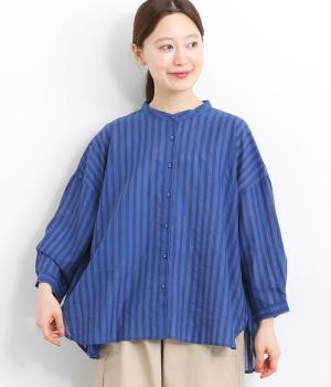 コットンストライプ後ギャザーブラウス(ブルー-ONESIZE)