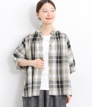 コットンチェックドルマンハオリブラウス(グレー-ONESIZE)