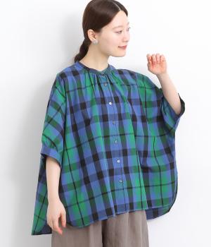 コットンチェックドルマンハオリブラウス(ブルー-ONESIZE)