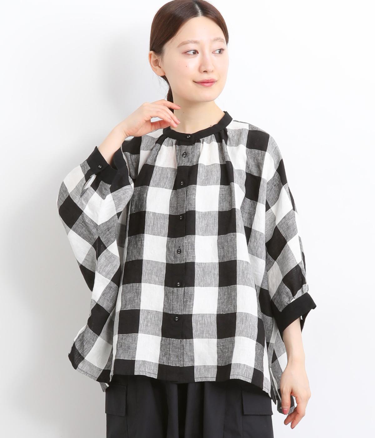 リネンブロックチェックドルマンブラウス(ブラック-ONESIZE)