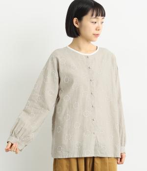 コットンリネンサークル刺繍襟配色ブラウス