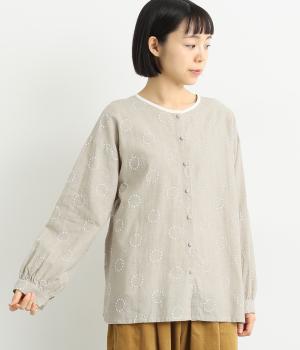 コットンリネンサークル刺繍襟配色ブラウス(ベージュ-F)