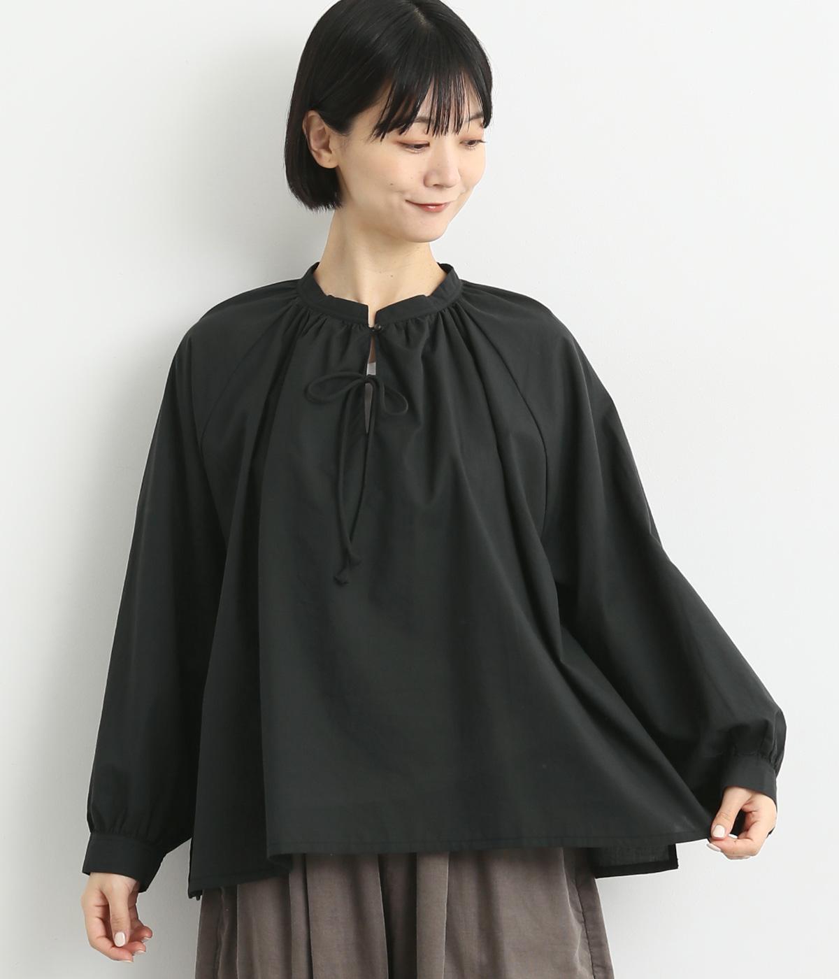 コットン細番手タッセルリボンブラウス(ブラック-F)