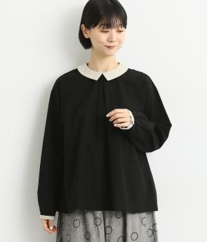コットンリネン別布配色ブラウス(ブラック-F)