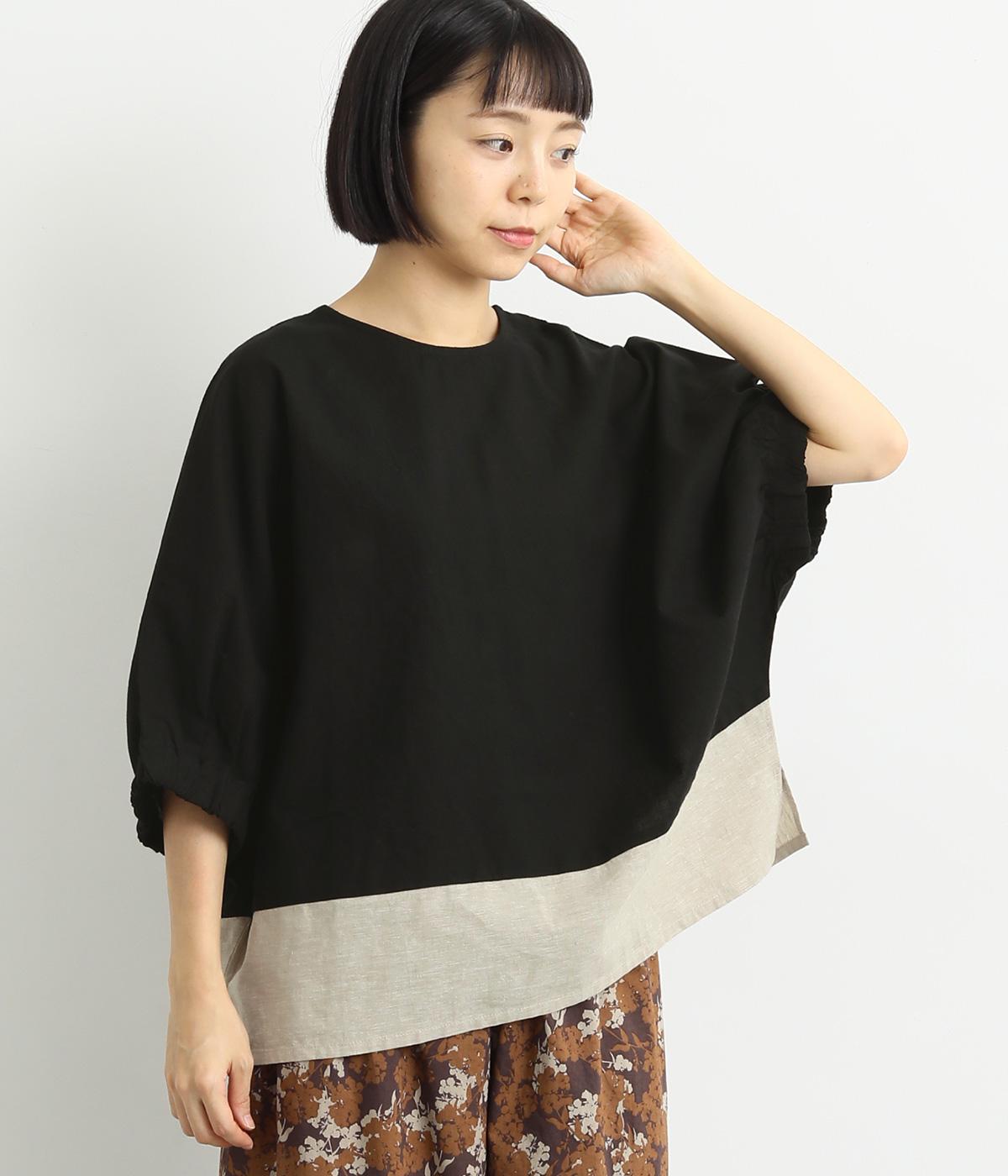 コットンリネン配色切替ドルマンブラウス(ブラック-F)