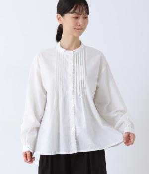 コットンリネン　ピコレースタックブラウス(ホワイト-F)