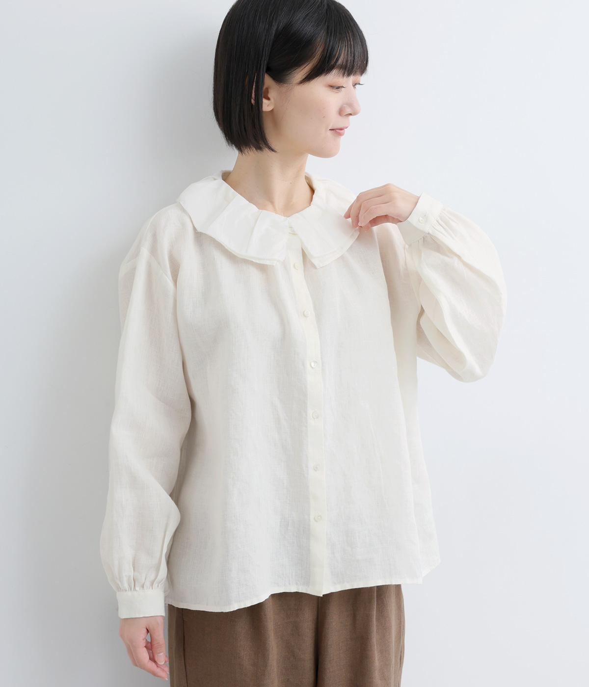 リネン　二重フリル襟ブラウス(ホワイト-F)