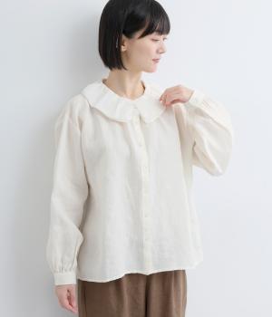 リネン　二重フリル襟ブラウス(ホワイト-F)