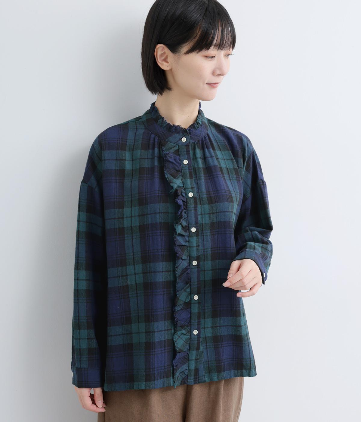 コットンリネン　チェックフリルブラウス(ブラックウォッチ-F)