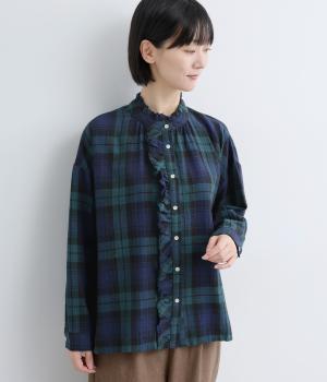 コットンリネン　チェックフリルブラウス(ブラックウォッチ-F)