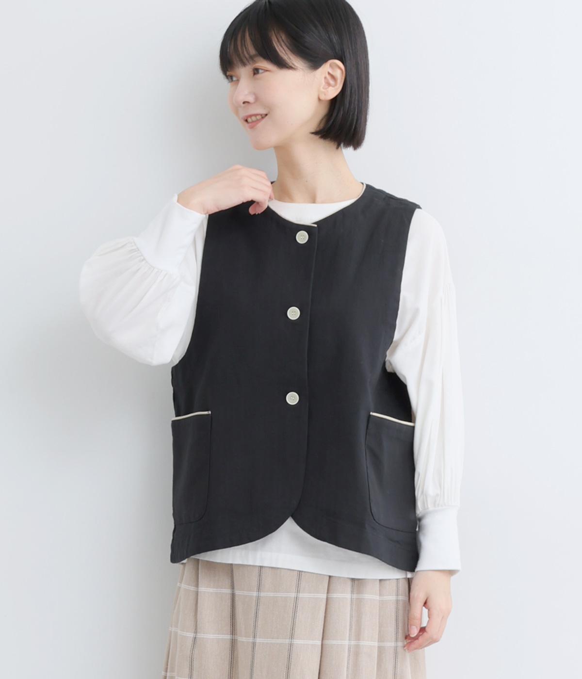 コットン　配色パイピングベスト(ブラック-F)