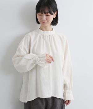 コットンリネン　袖口レース刺繍ブラウス(ホワイト-F)