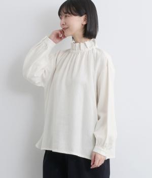 コットンリネン　襟フリルレース刺繍ブラウス(ホワイト-F)