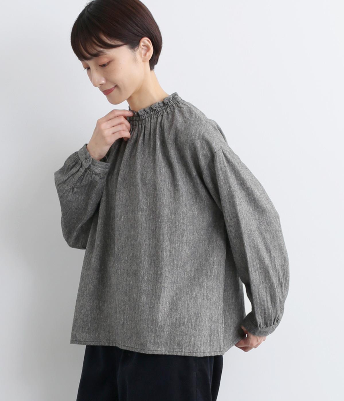 ヘリンボーン　フリル襟ブラウス(ブラック-F)