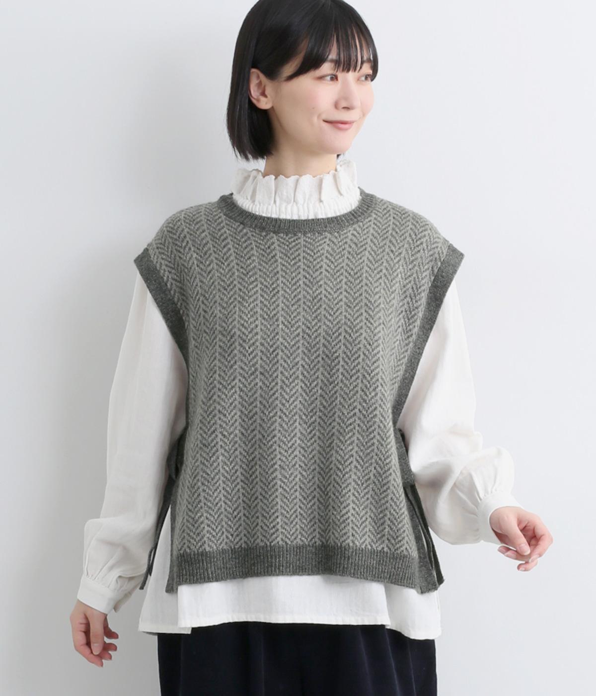 メリノウール　ヘリンボーン柄サイドリボンベスト(ダークグレー-F)