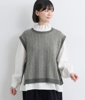 メリノウール　ヘリンボーン柄サイドリボンベスト(ダークグレー-F)