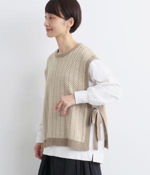 メリノウール　ヘリンボーン柄サイドリボンベスト(モカ-F)