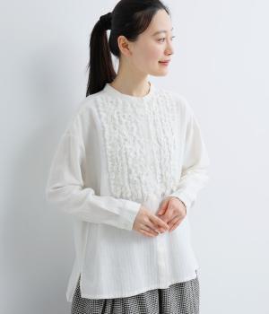 コットンリネン　断ち切りフリルブラウス(ホワイト-F)