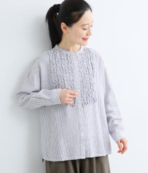 コットンリネン　断ち切りフリルブラウス(ストライプ-F)