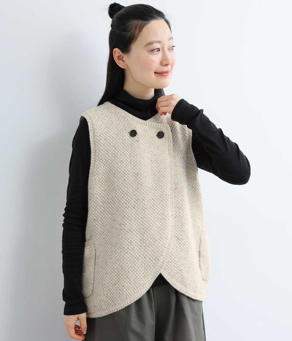 ウール混カラーネップ　カノコ編みベスト(ナチュラル-F)
