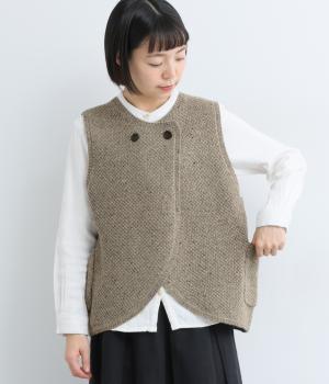 ウール混カラーネップ　カノコ編みベスト(ブラウン-F)