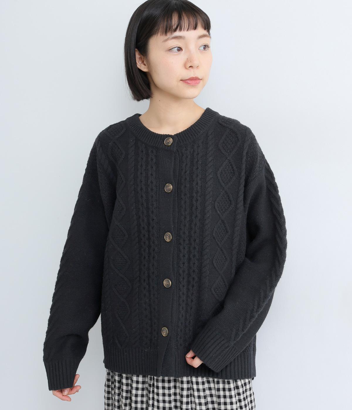 ウール混ローゲージ　ケーブル編カーディガン(ブラック-F)