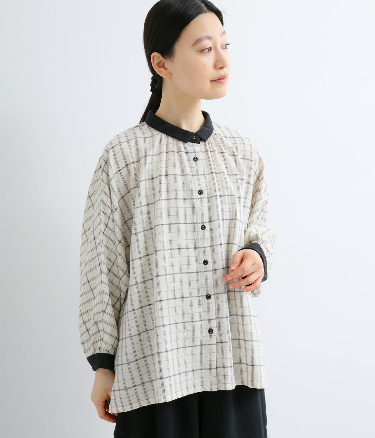 コットンリネンチェック配色ブラウス(ホワイト-F)
