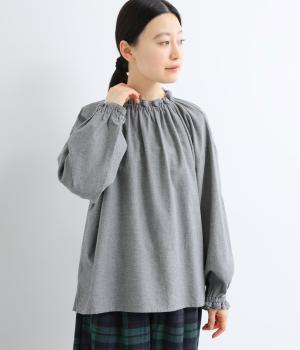 コットンツイルムジ襟フリルブラウス(グレー-F)