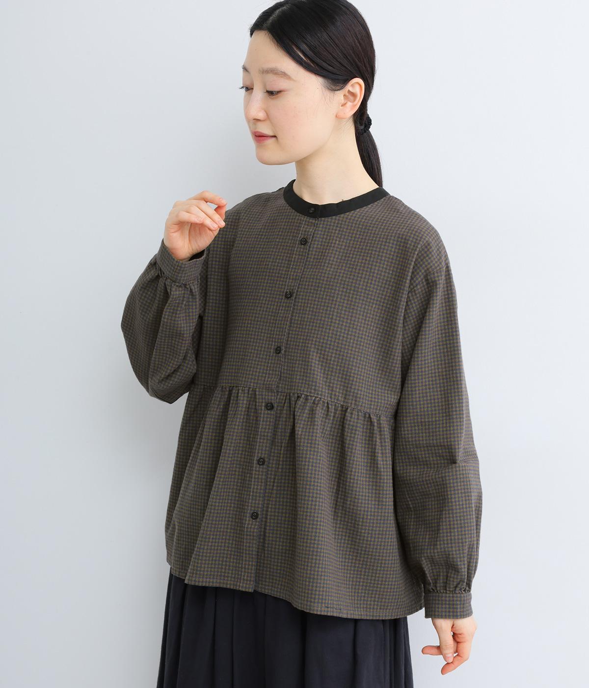 コットンリネン襟配色ブラウス(ギンガム-F)