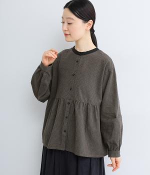 コットンリネン襟配色ブラウス(ギンガム-F)