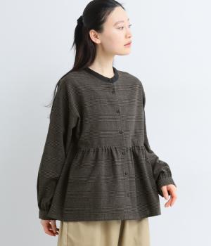 コットンリネン襟配色ブラウス(グレンチェック-F)