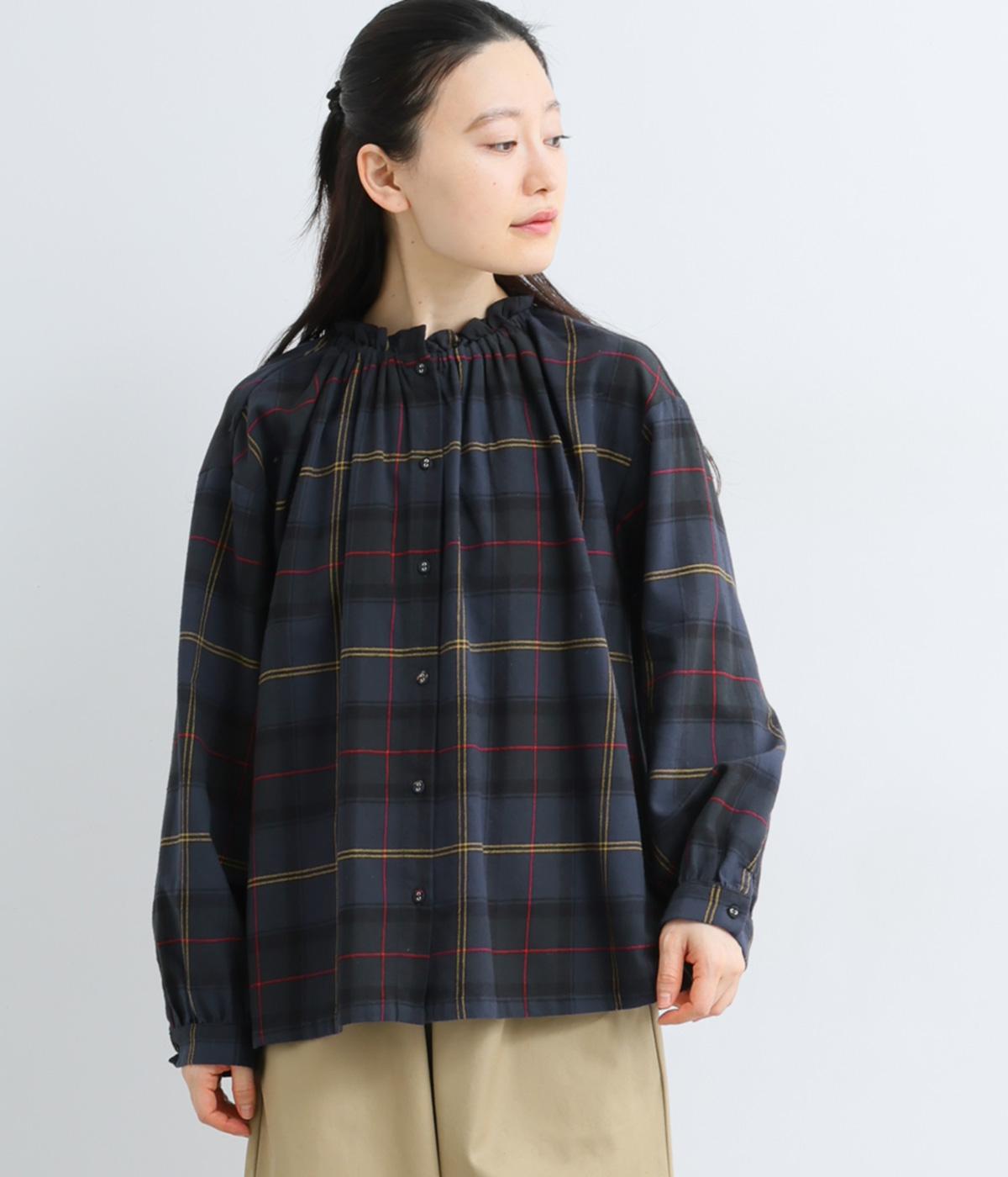 コットンツイルチェックフリル襟ブラウス(ネイビー-F)