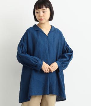 リネンオープンカラーチュニック(ブルー-F)
