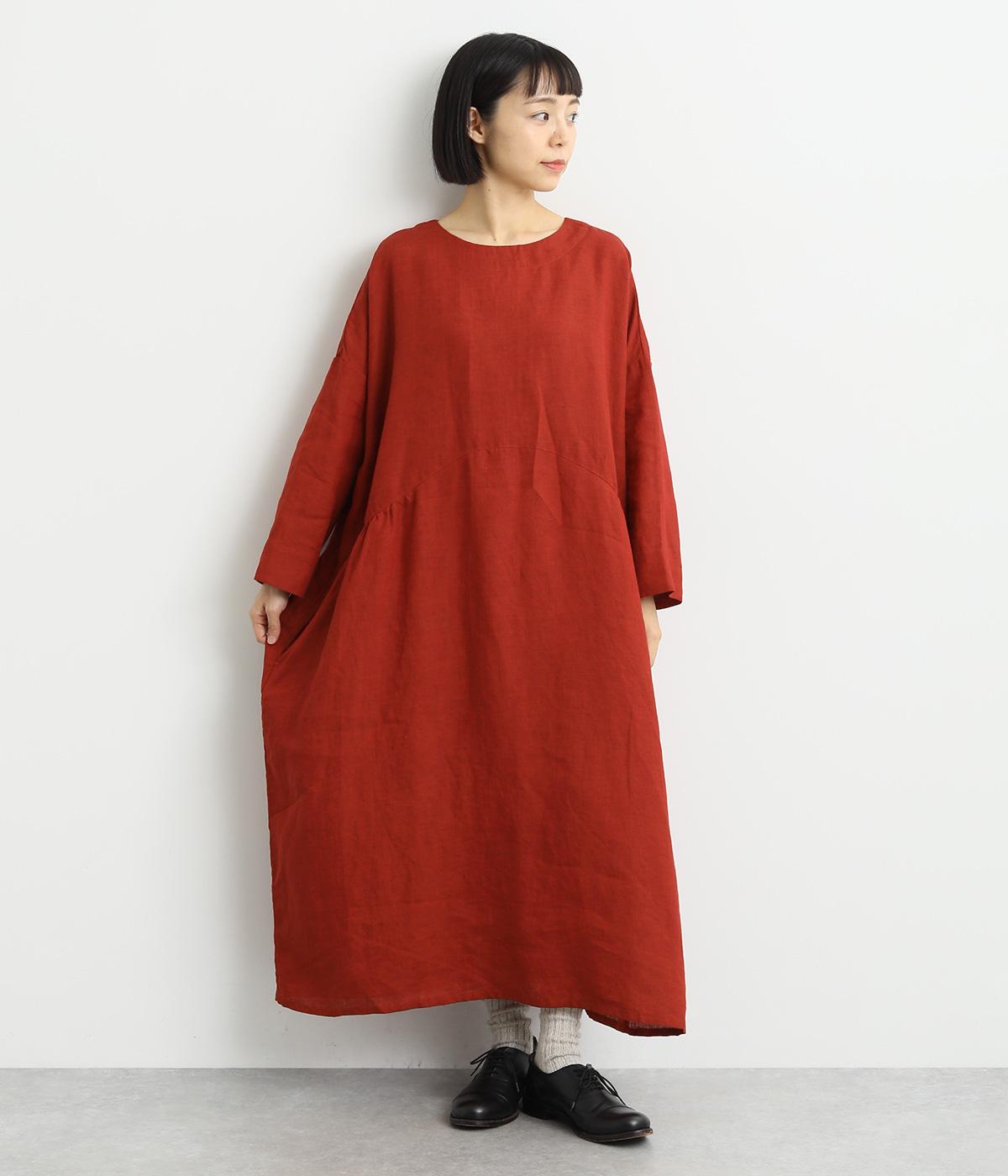 リネン切替ギャザーワンピース(レッド-F)
