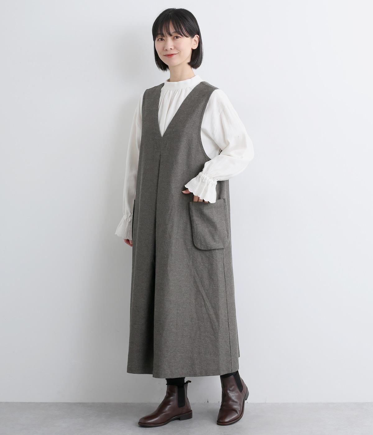 コットンリネン　マチ付ポケットジャンパースカート(ダークグレー-F)