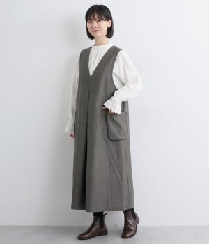 コットンリネン　マチ付ポケットジャンパースカート(ダークグレー-F)