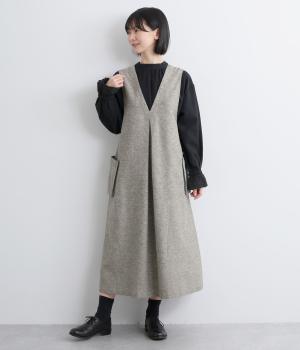 コットンリネン　マチ付ポケットジャンパースカート(ベージュ-F)