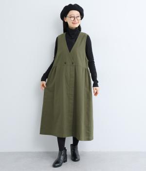 コットンリネン　ジャンパースカート(カーキ-F)