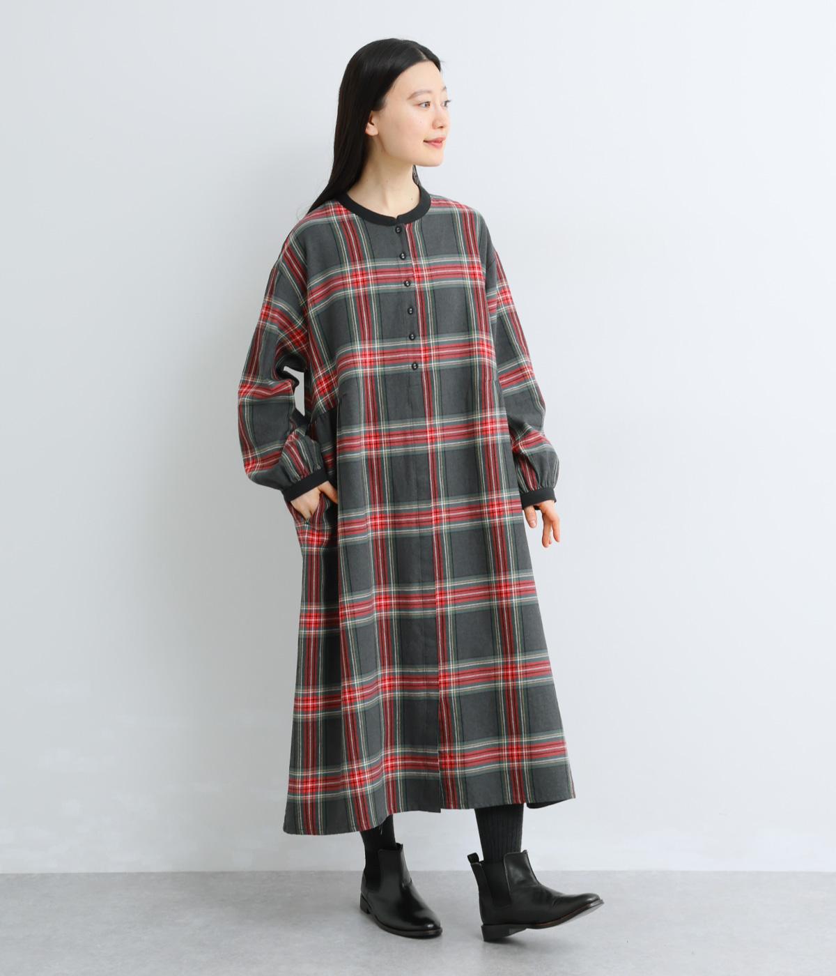 コットンリネンチェック襟配色ワンピース(ダークグレー-F)