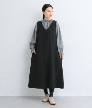 コットンリネン太番手ツイルジャンパースカート(ブラック-F)